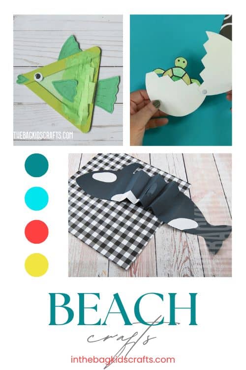 Collage of colorful beach crafts made from paper, clothespins, and other simple materials, perfect for kids’ summer activities and beach crafts projects.