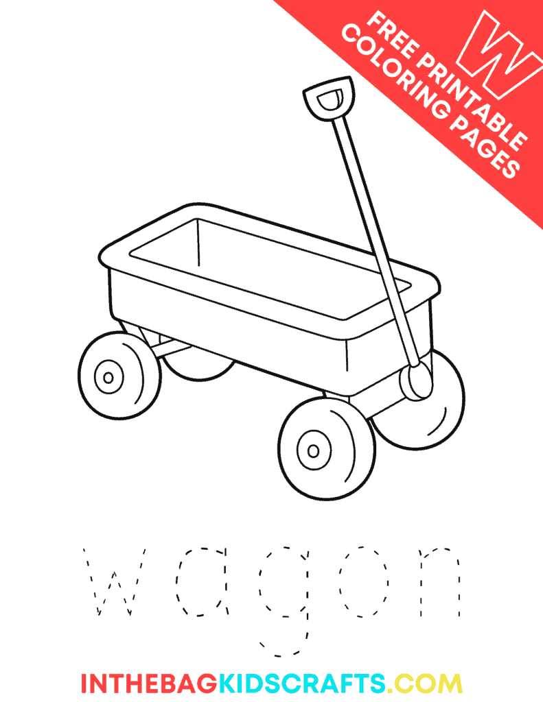 W is for wagon coloring page for kids 