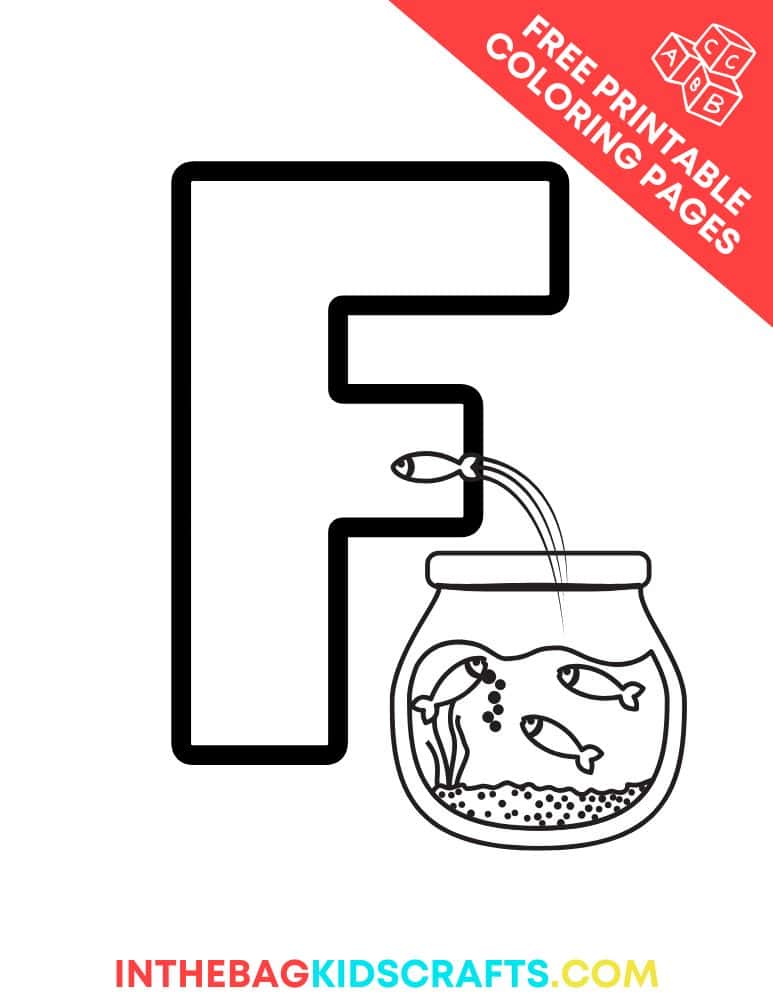 letter F coloring page featuring letter F and fish bowl 