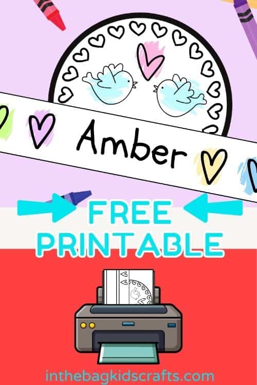 A colorful free printable hat decorated with hearts and birds, perfect for a Valentine's Day craft and fun Valentine's Day activity for kids.