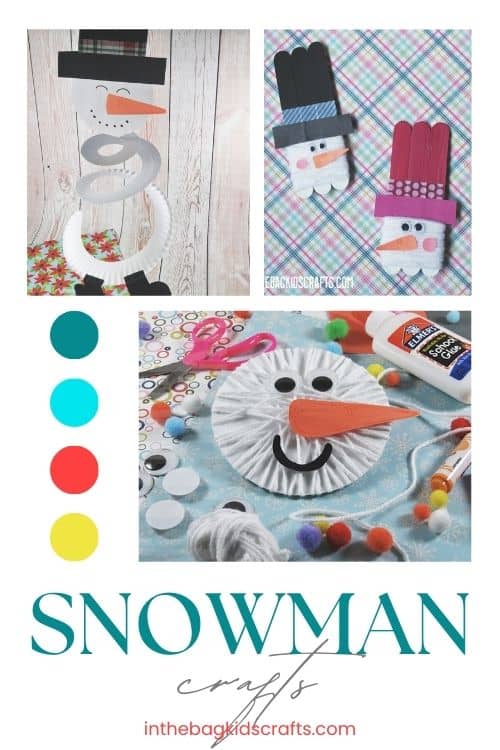A colorful collage featuring various easy snowman crafts for kids made from materials like paper plates, yarn, and craft sticks, perfect for engaging winter crafts.