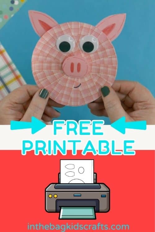 A pair of hands holds a completed pig craft, made from cut-out paper pieces, as part of a preschool craft and fine motor activity against a colorful background.