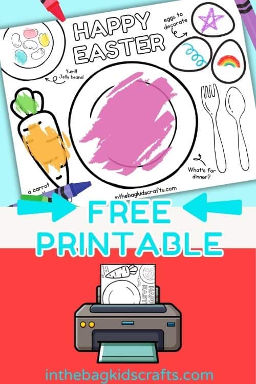 A black-and-white Easter placemat featuring a fun Easter activity for kids, including coloring sections, word games, and festive illustrations of eggs, animals, and holiday-themed designs.