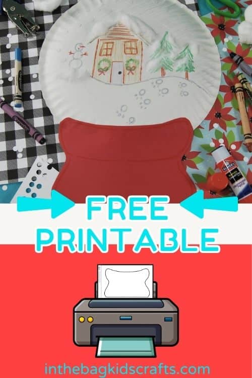 A handmade paper plate snow globe craft featuring a winter scene with trees and a house, designed as a fun preschool craft that doubles as a fine motor activity and creative winter craft for kids.