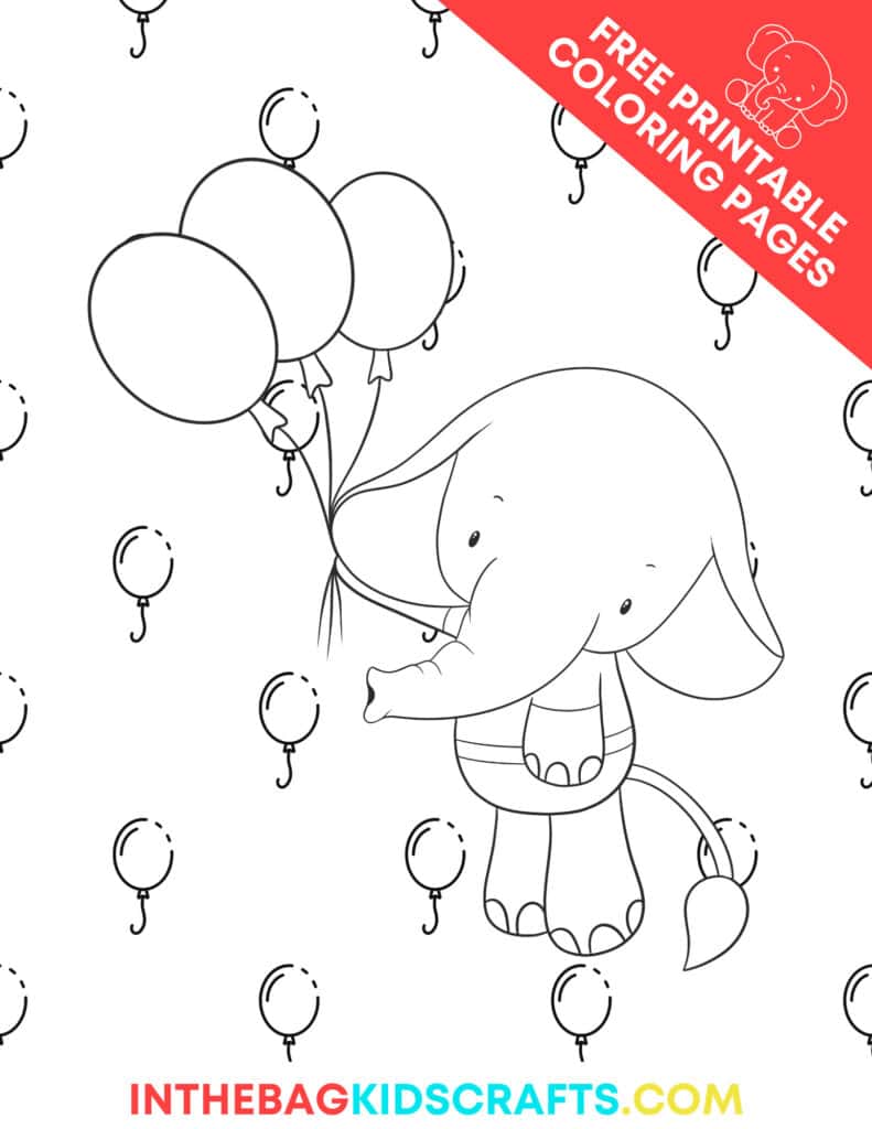 elephant coloring page with illustration of elephant holding balloons 