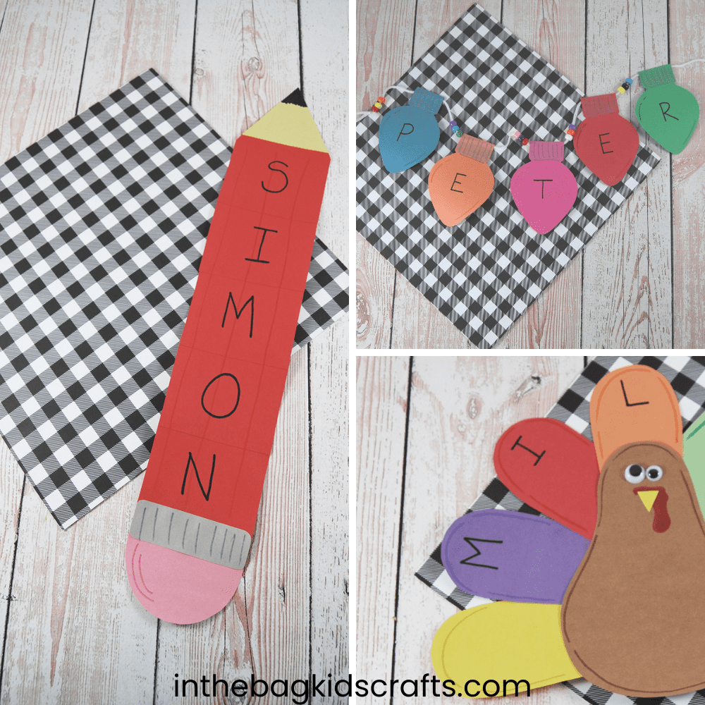 Name crafts pencil, Christmas lights and turkey 