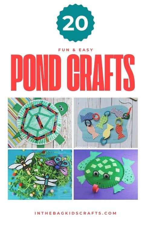 A vibrant collage featuring various pond-themed projects, including duck crafts, turtle crafts, frog crafts, and fish crafts, ideal for easy crafts for kids.