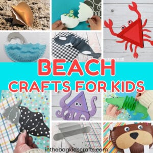 Collage of colorful beach crafts made from paper, clothespins, and other simple materials, perfect for kids’ summer activities and beach crafts projects.