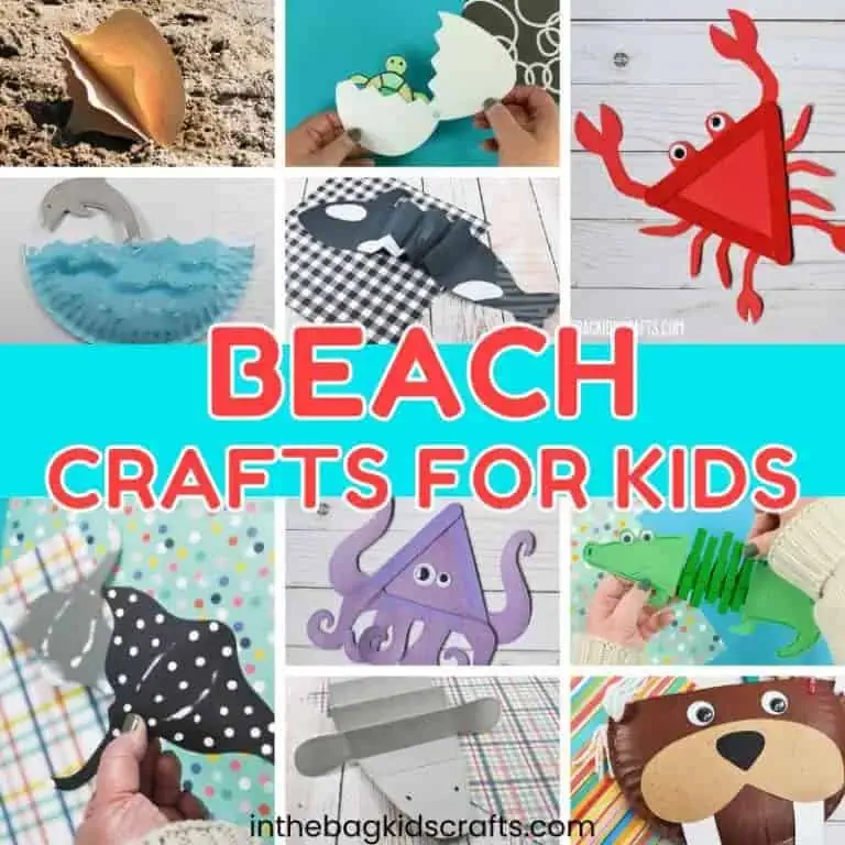 Collage of colorful beach crafts made from paper, clothespins, and other simple materials, perfect for kids’ summer activities and beach crafts projects.