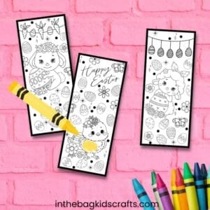 A set of three Easter bookmarks with cute holiday-themed designs, shown partially colored with crayons, making a fun coloring activity for kids.