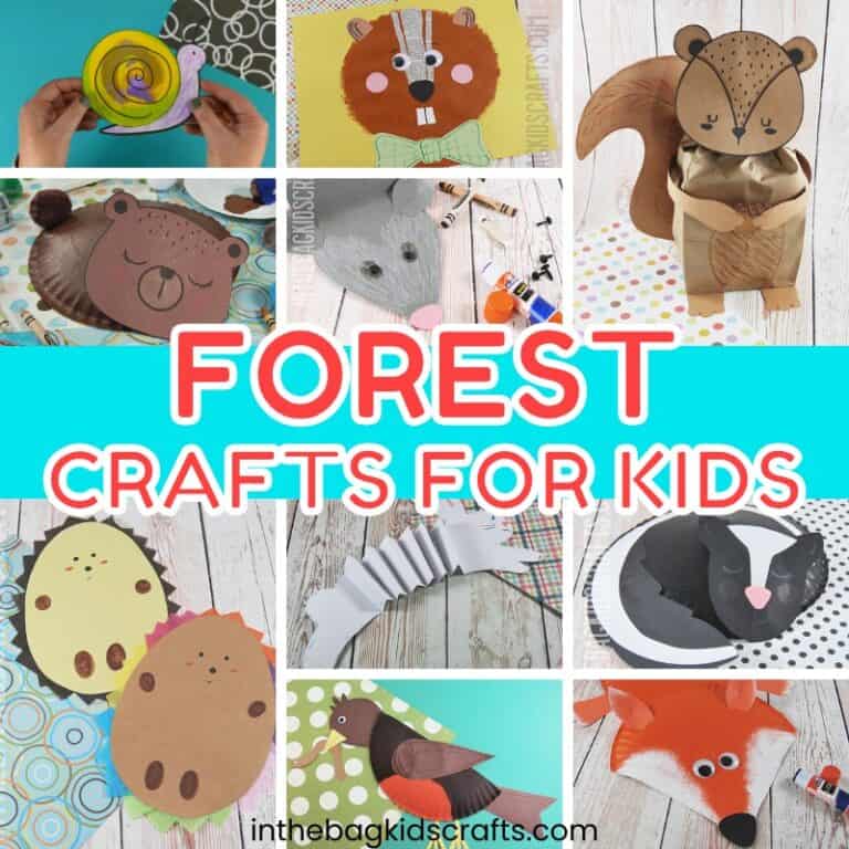 Collage of colorful paper animals and nature-themed projects designed as forest crafts for kids.