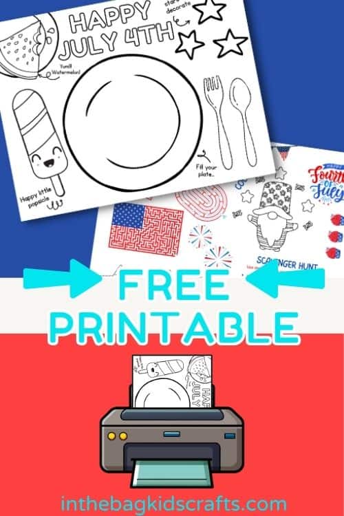 Two printable coloring placemats featuring fun illustrations, mazes, and a scavenger hunt as a festive Fourth of July activity for kids.