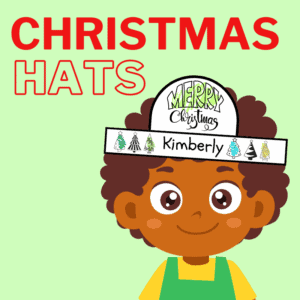 A colorful illustration of a child wearing a handmade Christmas hat decorated with trees, perfect for an easy craft for kids, Christmas craft, preschool craft, or activity using a free printable template.
