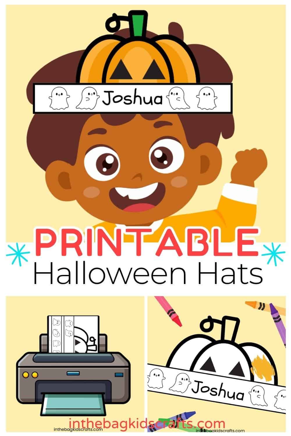 Printable Halloween hats for kids featuring a fun coloring activity, perfect for a Halloween craft and preschool activity.
