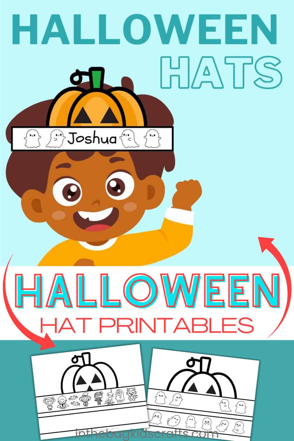 Printable Halloween hats for kids featuring a fun coloring activity, perfect for a Halloween craft and preschool activity.