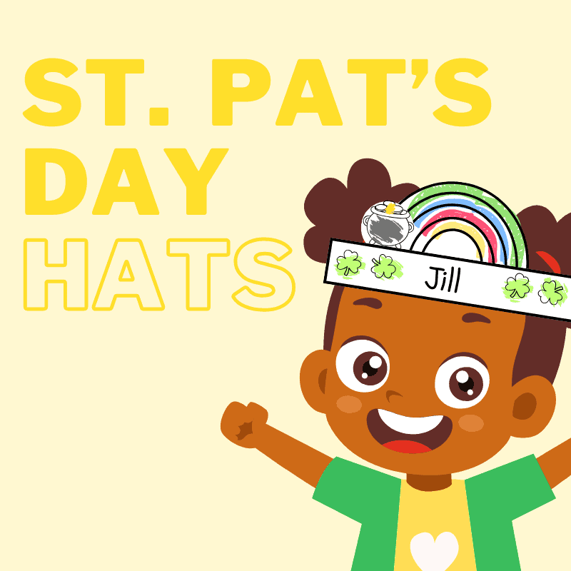 A cheerful child wearing a colorful, handmade paper hat decorated with a rainbow, shamrocks, and a gold pot, representing Free Printable St. Patrick's Day Hats for Kids as a fun and festive craft activity.