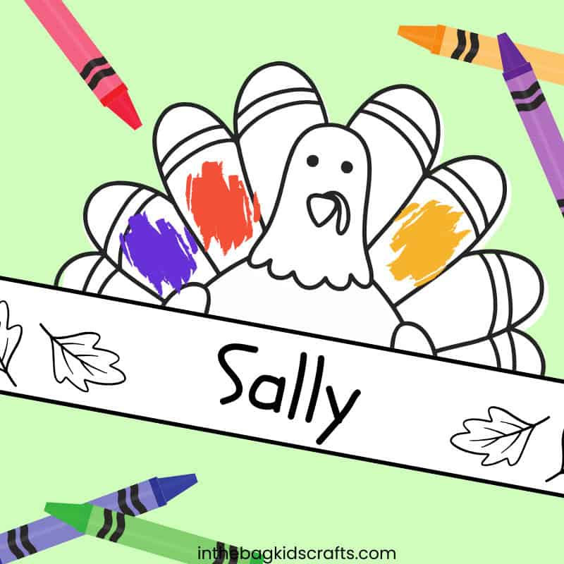 A colorful turkey craft for kids featuring a free printable hat design perfect for a fun Thanksgiving activity.   Step 2 color the turkey hat