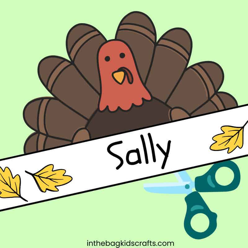A colorful turkey craft for kids featuring a free printable hat design perfect for a fun Thanksgiving activity.  Step 3 cut out the turkey hat