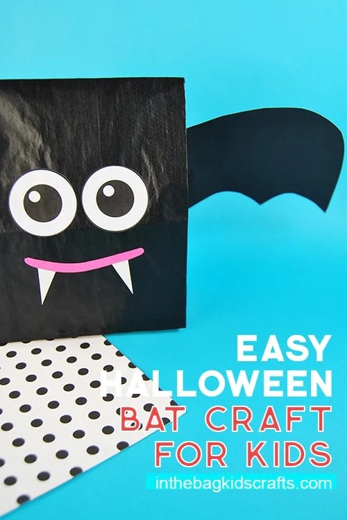 Halloween craft bat for kids made with a paper lunch bag 