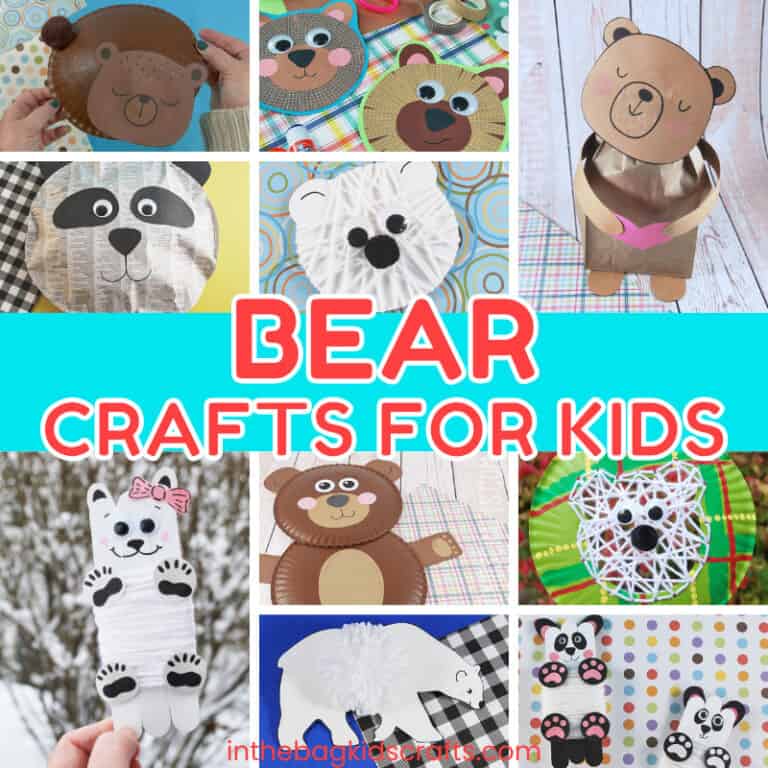 A colorful collage of creative bear crafts featuring paper plates, yarn, and other materials, perfect for forest animal crafts and fun crafts for kids.