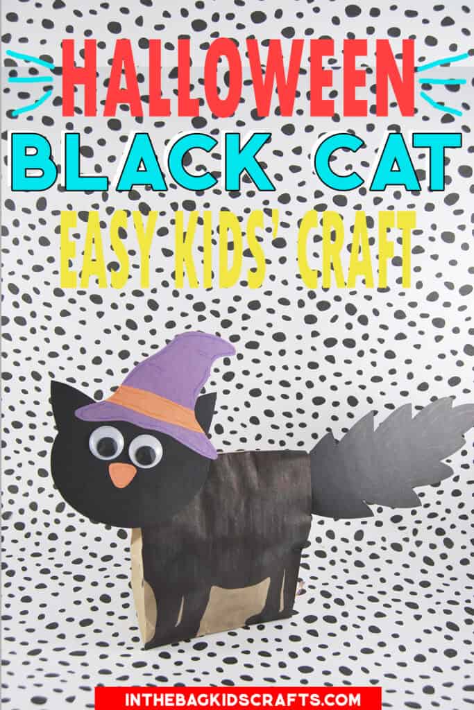 Black Cat Halloween Craft for Kids made from a paper lunch bag