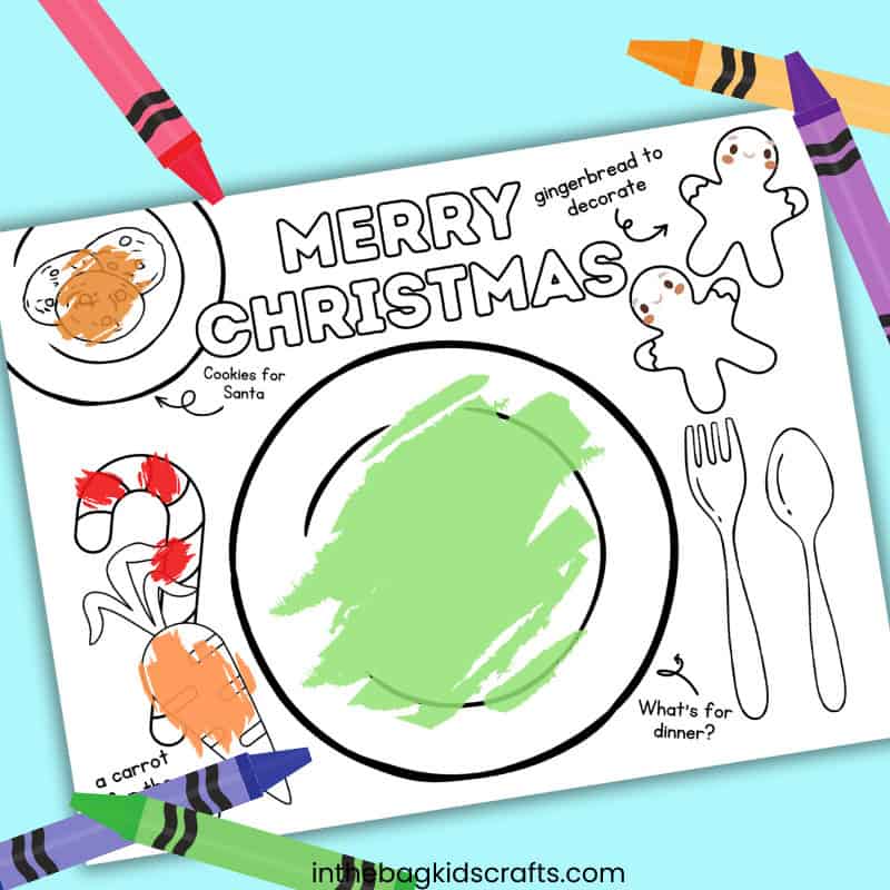 An engaging free printable Christmas placemat featuring fun games and activities, perfect as an easy craft for kids, a festive preschool craft, and a holiday-themed Christmas activity. Step 2 coloring the placemat 