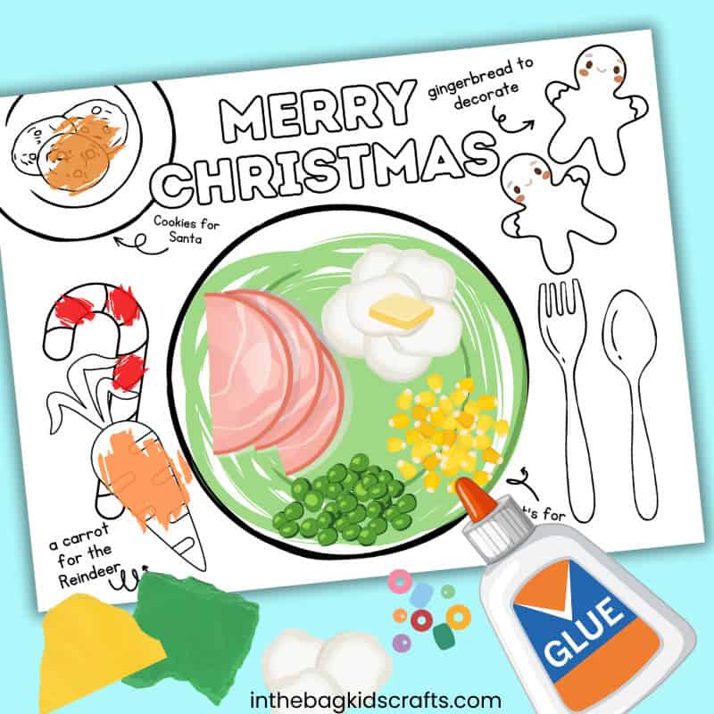 An engaging free printable Christmas placemat featuring fun games and activities, perfect as an easy craft for kids, a festive preschool craft, and a holiday-themed Christmas activity.  Step 3 adding more details to the Christmas dinner plate. 