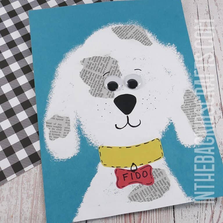 DOG CRAFT FOR KIDS DALMATIAN WITH RECYCLED NEWSPAPER SPOTS