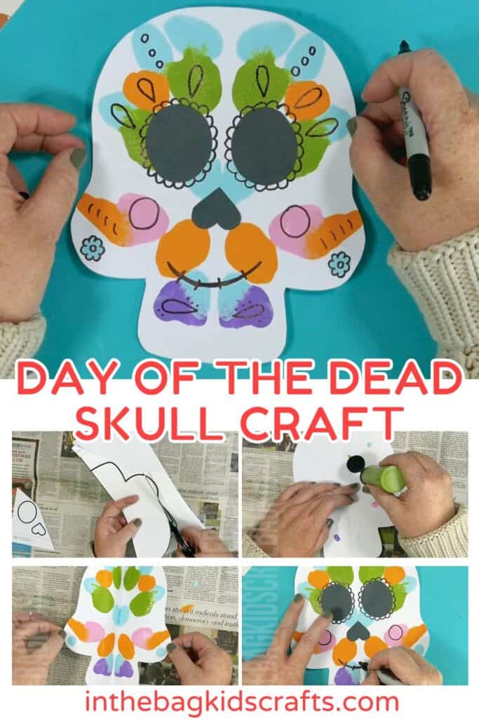 An image showing a colorful paper skull craft for kids, perfect as a Day of the Dead craft activity.