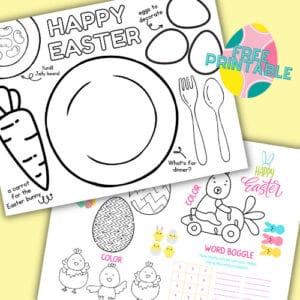 A black-and-white Easter placemat featuring a fun Easter activity for kids, including coloring sections, word games, and festive illustrations of eggs, animals, and holiday-themed designs.