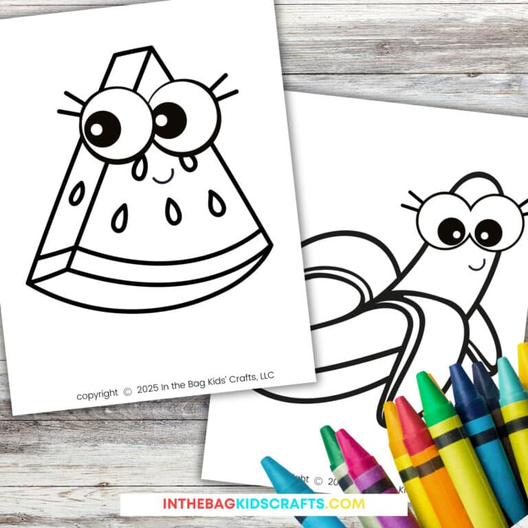 A set of Free Printable Fruit Coloring Pages for Kids featuring a cute watermelon slice and a smiling banana, placed on a wooden surface with colorful crayons.