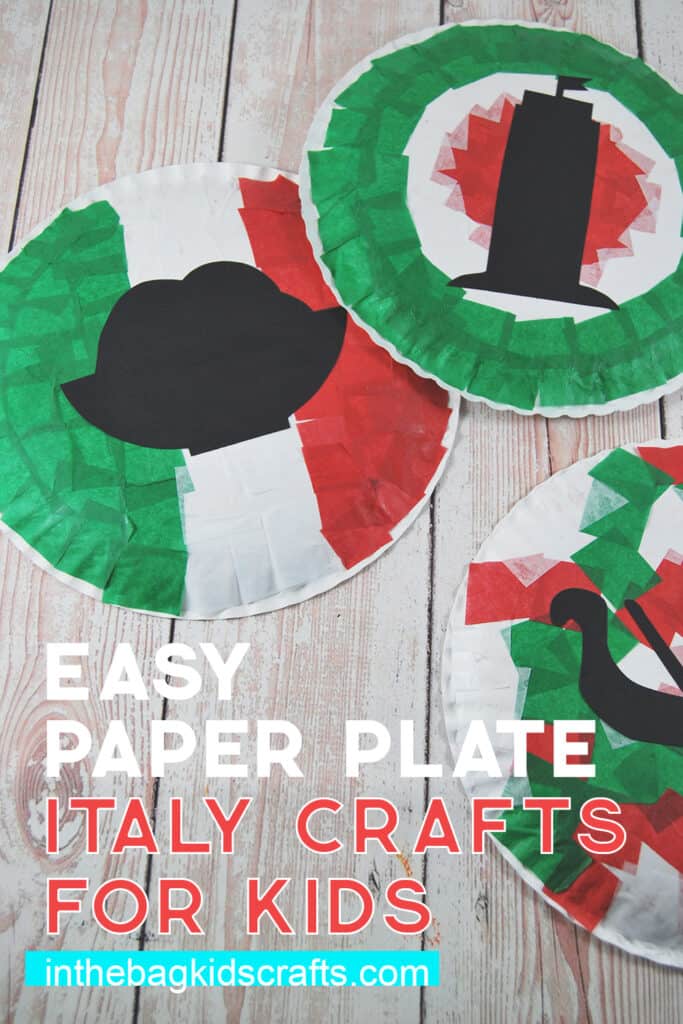 Italy Craft for Preschoolers with tissue paper squares, paper plate and cut out silhouettes of Italian symbols