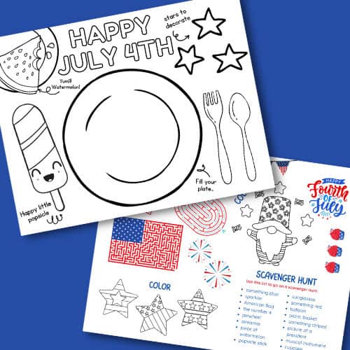Two printable coloring placemats featuring fun illustrations, mazes, and a scavenger hunt as a festive Fourth of July activity for kids.