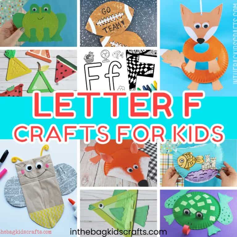 Image showing a colorful collage of letter F crafts, including frogs, foxes, fish, and footballs, designed as fun alphabet crafts for kids.