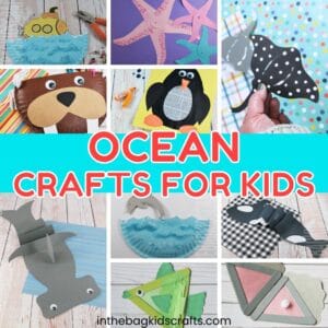 A colorful collage displays various handmade sea animals and ocean-themed paper projects, showcasing fun and easy ocean crafts for kids.