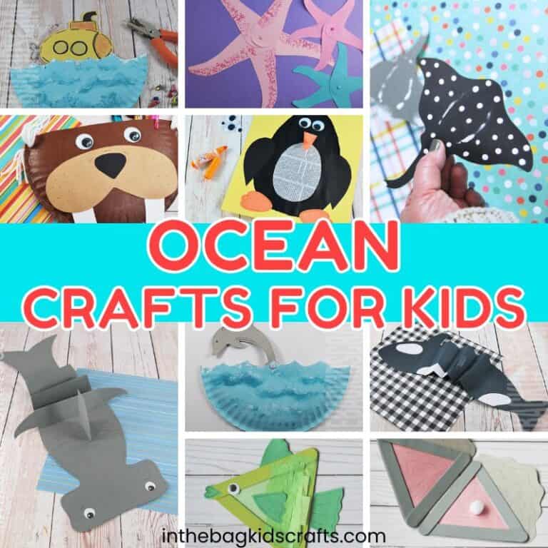 A colorful collage displays various handmade sea animals and ocean-themed paper projects, showcasing fun and easy ocean crafts for kids.