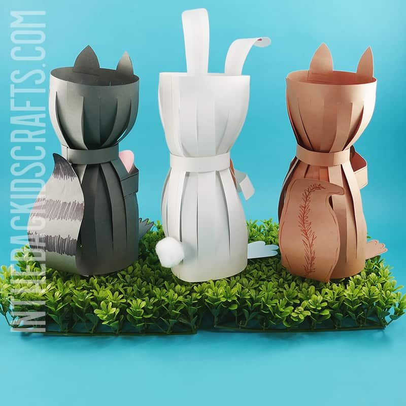 Paper Animal Crafts for Kids back of animals including squirrel, racoon and bunny