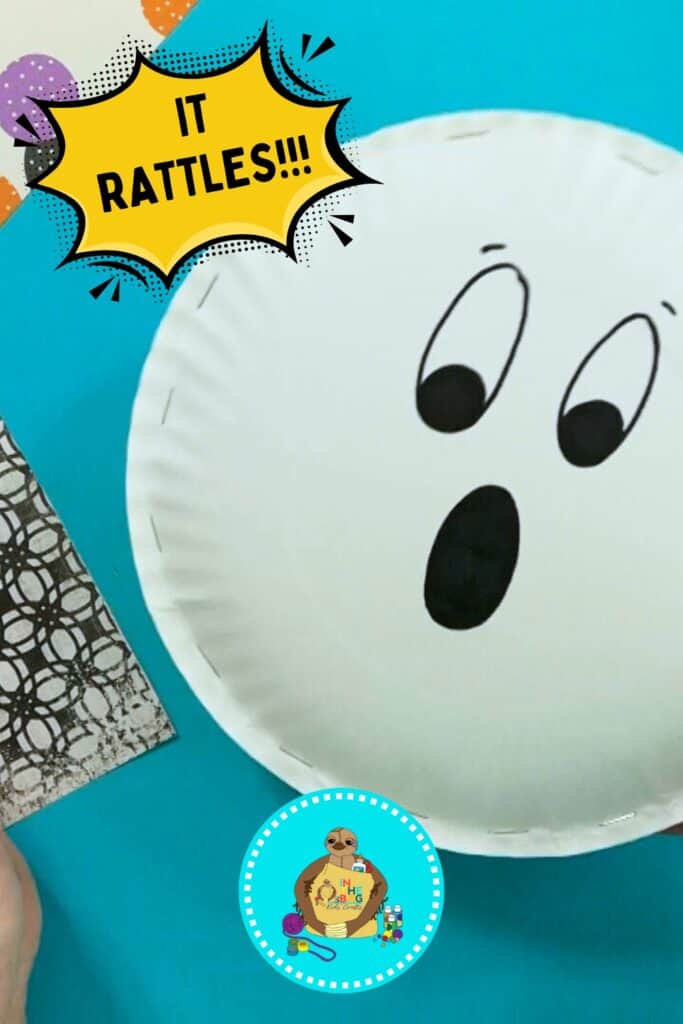 An image showing a simple paper plate ghost craft, perfect for an easy Halloween craft and fun preschool activity for kids.