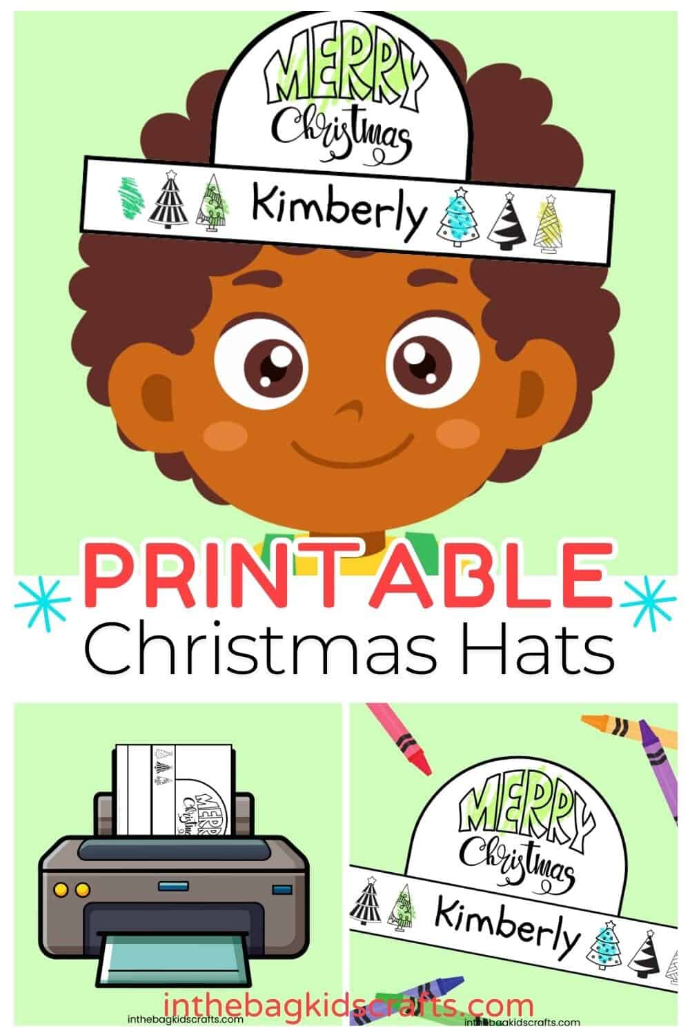 A colorful illustration of a child wearing a handmade Christmas hat decorated with trees, perfect for an easy craft for kids, Christmas craft, preschool craft, or activity using a free printable template.