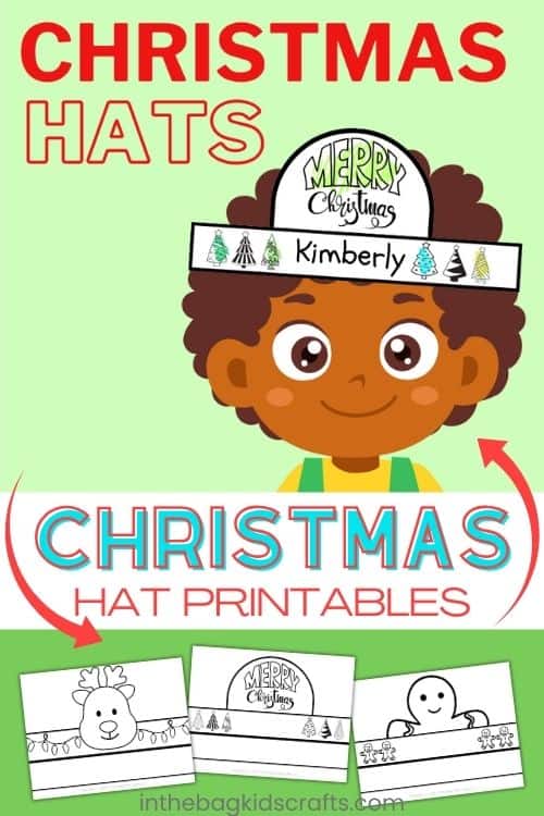 A colorful illustration of a child wearing a handmade Christmas hat decorated with trees, perfect for an easy craft for kids, Christmas craft, preschool craft, or activity using a free printable template.