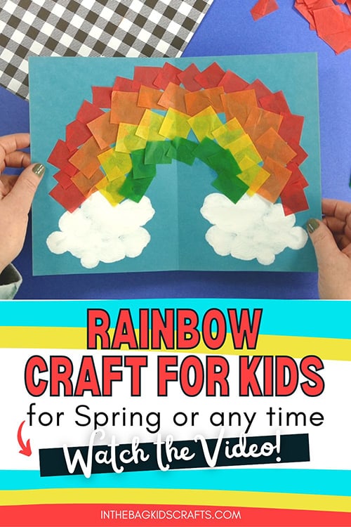 Preschool Rainbow Craft made with tissue paper squares and painted clouds 