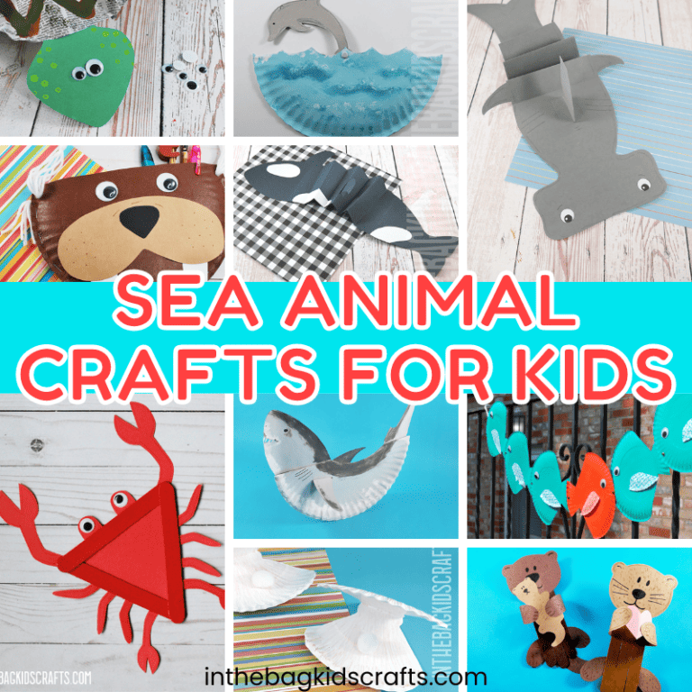 28 Sea Animal Crafts for Kids including crafts such as paper plate clam shell, popsicle stick crab, newspaper sea turtle, paper dolphin craft and more