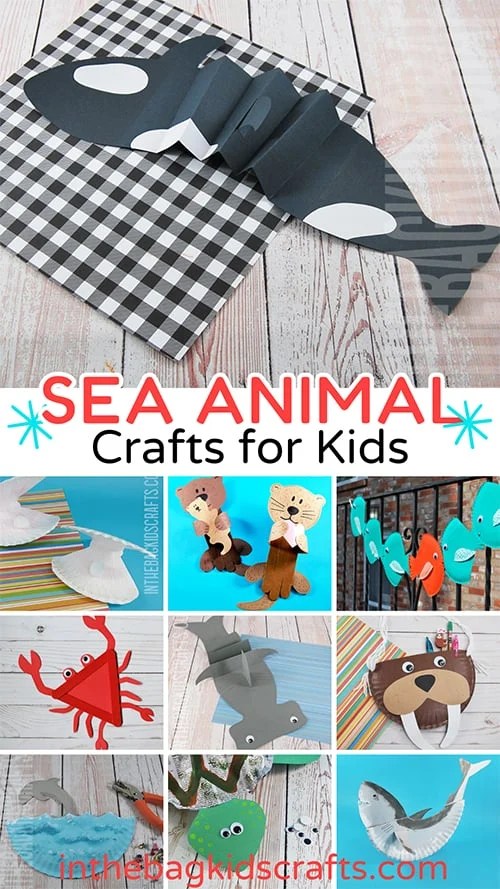 collection of sea animal crafts including things like a paper orca craft, a newspaper sea turtle craft, a paper plate walrus craft and more. 