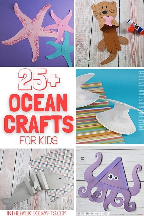 Sea Animal Crafts Collection including a paper starfish, popsicle stick otter craft, paper plate clam shell, popsicle stick octopus and paper dolphin craft 