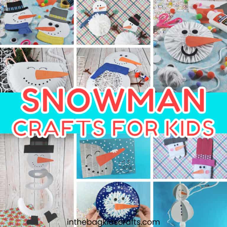 A colorful collage featuring various easy snowman crafts for kids made from materials like paper plates, yarn, and craft sticks, perfect for engaging winter crafts.