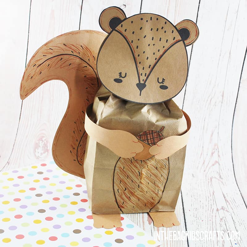 Squirrel craft for kids made from paper lunch bag and construction paper