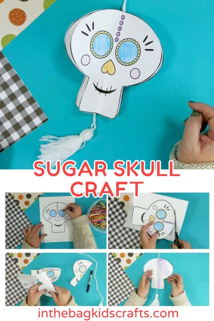 Colorful paper sugar skull craft for kids as a Day of the Dead activity, showcasing a festive and easy DIY decoration for a meaningful Day of the Dead craft.