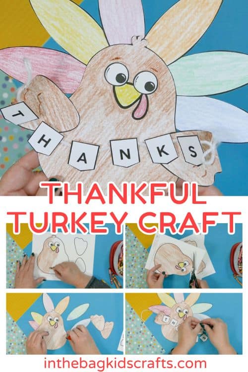A colorful, kid-friendly turkey craft for Thanksgiving featuring a free printable template, perfect for a gratitude-themed craft for kids.