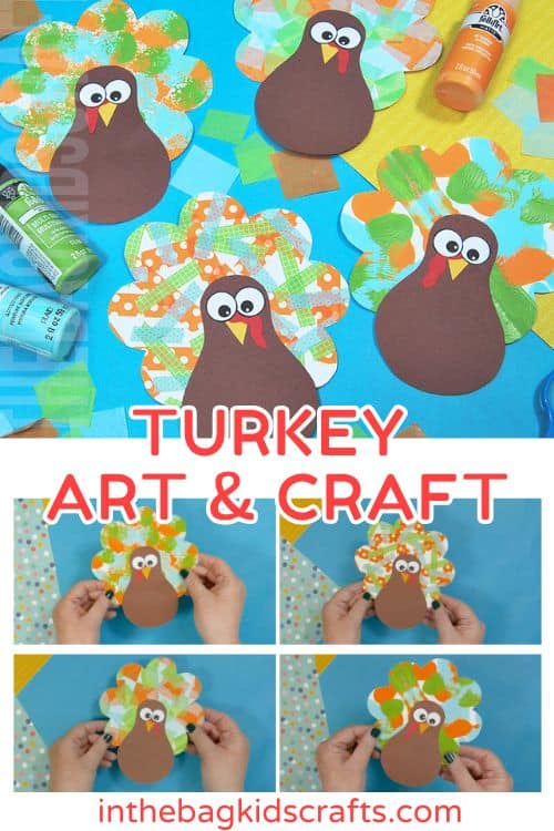 Colorful turkey craft for kids featuring a free turkey outline, ideal as a Thanksgiving craft for preschool and kindergarten children.