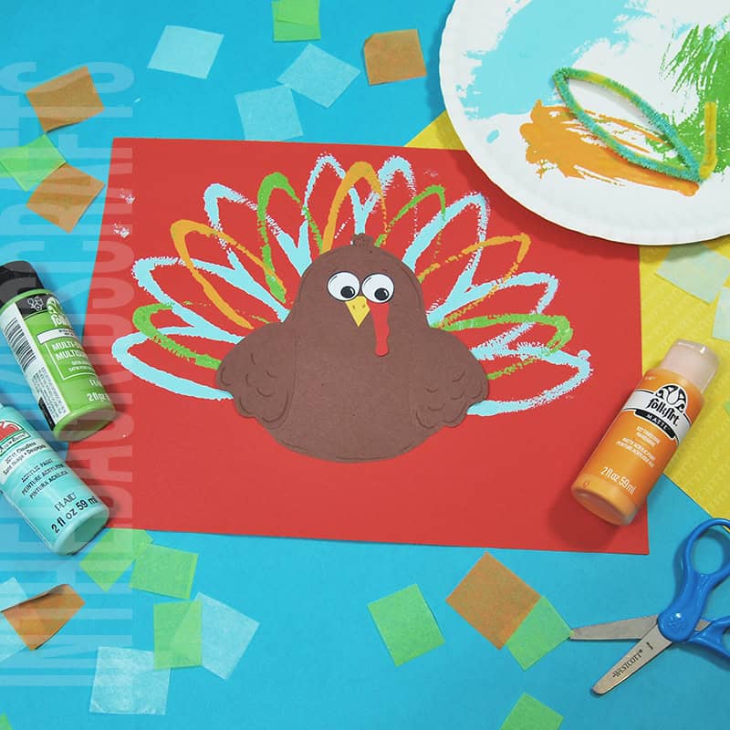 A colorful and simple turkey craft for kids featuring a cut-and-paste design, ideal for preschool craft and fall-themed Thanksgiving activities.